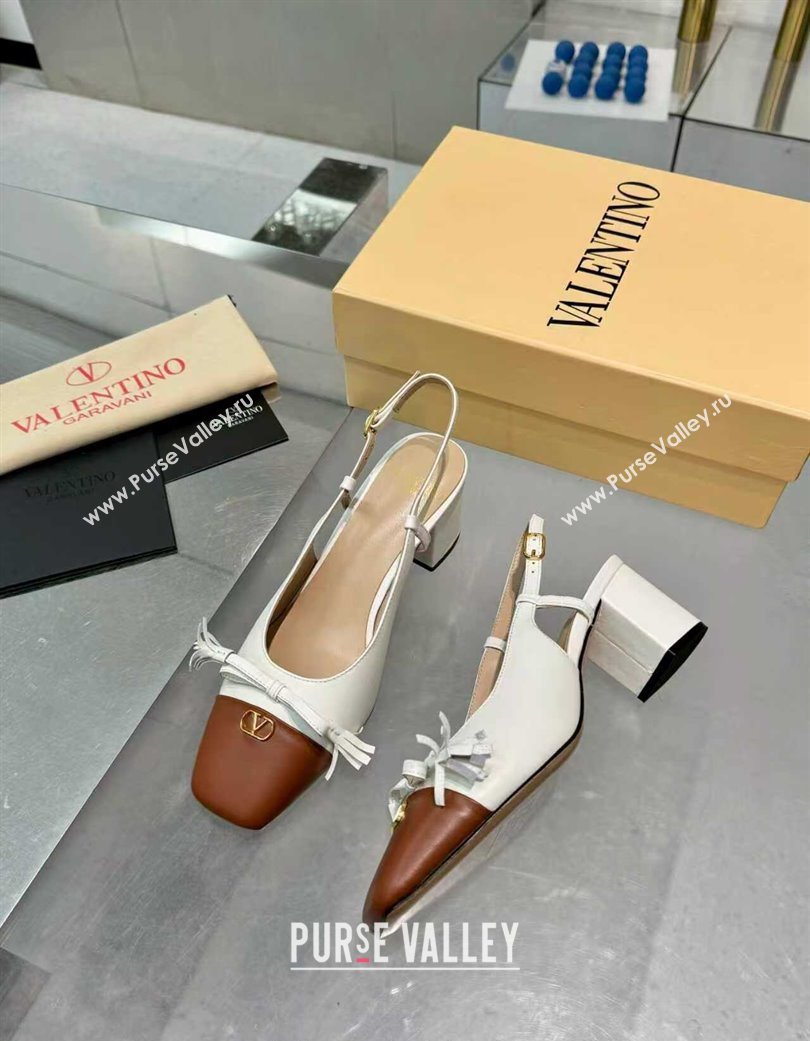 Valentino VALET DU ROI Slingbacks Pump 6cm in Calfskin Leather with Tassel Bow White/Brown 2025 (XL-251215038)