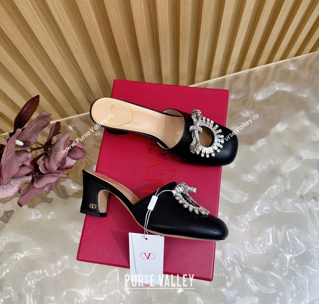 Valentino Strass Embellished Heel Mules 5.5cm in Calfskin Leather Black 2025 VLTN121509 (MD-251215120)