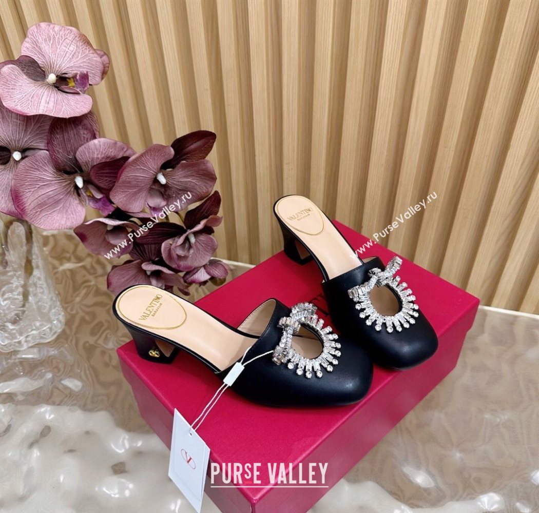 Valentino Strass Embellished Heel Mules 5.5cm in Calfskin Leather Black 2025 VLTN121509 (MD-251215120)