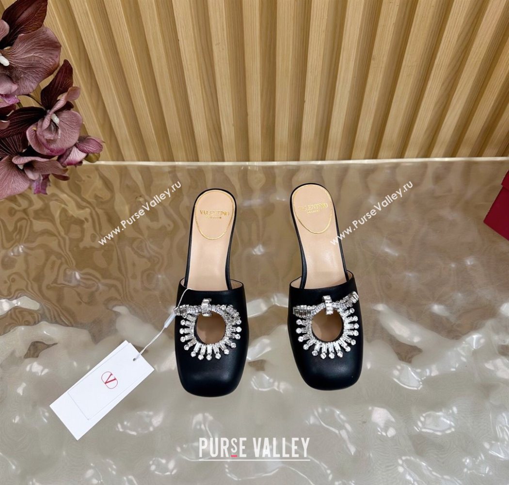 Valentino Strass Embellished Heel Mules 5.5cm in Calfskin Leather Black 2025 VLTN121509 (MD-251215120)