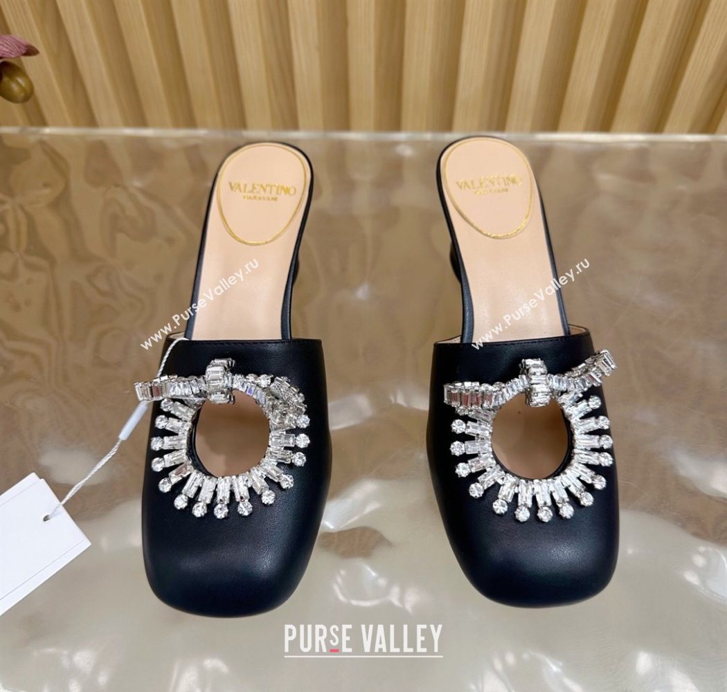 Valentino Strass Embellished Heel Mules 5.5cm in Calfskin Leather Black 2025 VLTN121509 (MD-251215120)
