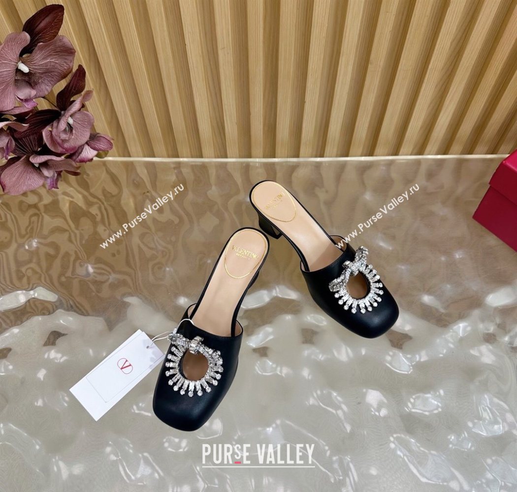 Valentino Strass Embellished Heel Mules 5.5cm in Calfskin Leather Black 2025 VLTN121509 (MD-251215120)