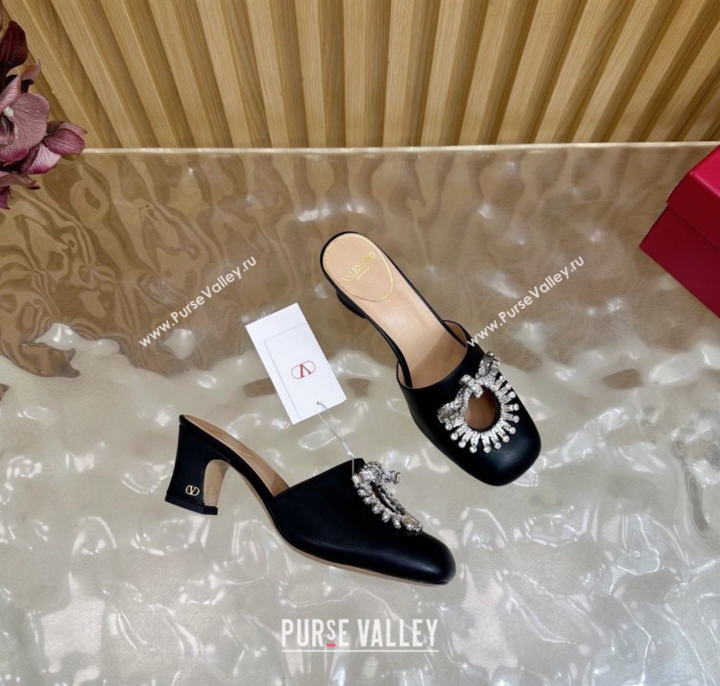 Valentino Strass Embellished Heel Mules 5.5cm in Calfskin Leather Black 2025 VLTN121509 (MD-251215120)