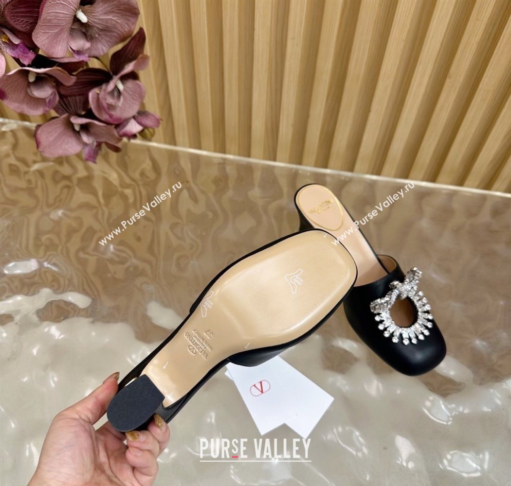 Valentino Strass Embellished Heel Mules 5.5cm in Calfskin Leather Black 2025 VLTN121509 (MD-251215120)
