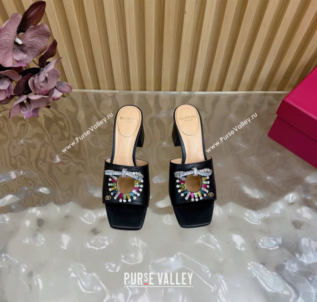 Valentino Strass Embellished Heel Slides Sandal 6cm in Calfskin Leather Black/Multicolor 2025 VLTN121509 (MD-251215122)