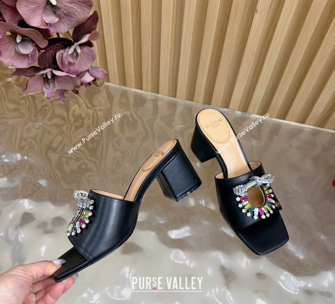 Valentino Strass Embellished Heel Slides Sandal 6cm in Calfskin Leather Black/Multicolor 2025 VLTN121509 (MD-251215122)