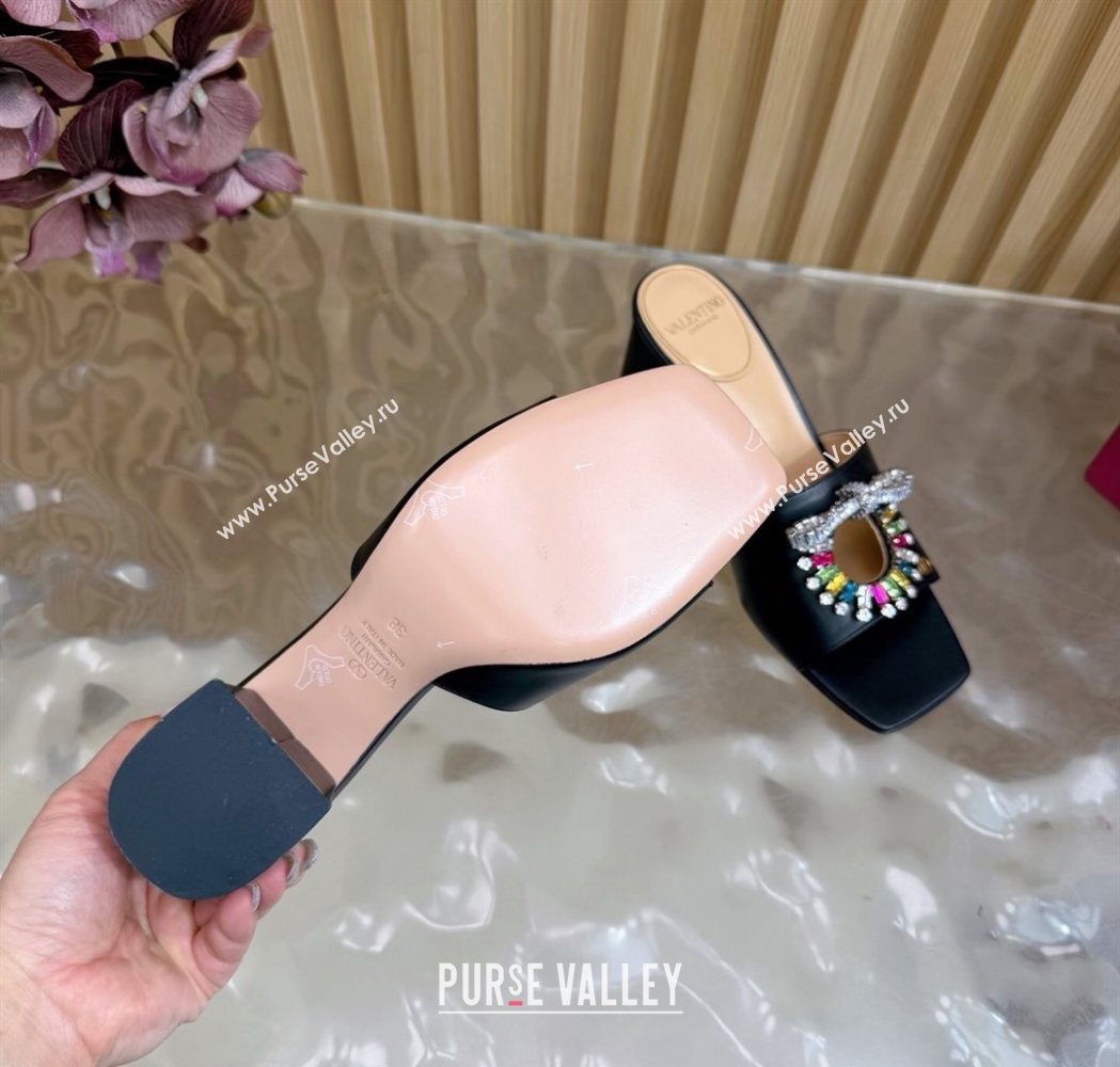 Valentino Strass Embellished Heel Slides Sandal 6cm in Calfskin Leather Black/Multicolor 2025 VLTN121509 (MD-251215122)
