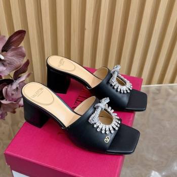 Valentino Strass Embellished Heel Slides Sandal 6cm in Calfskin Leather Black2 2025 VLTN121509 (MD-251215123)