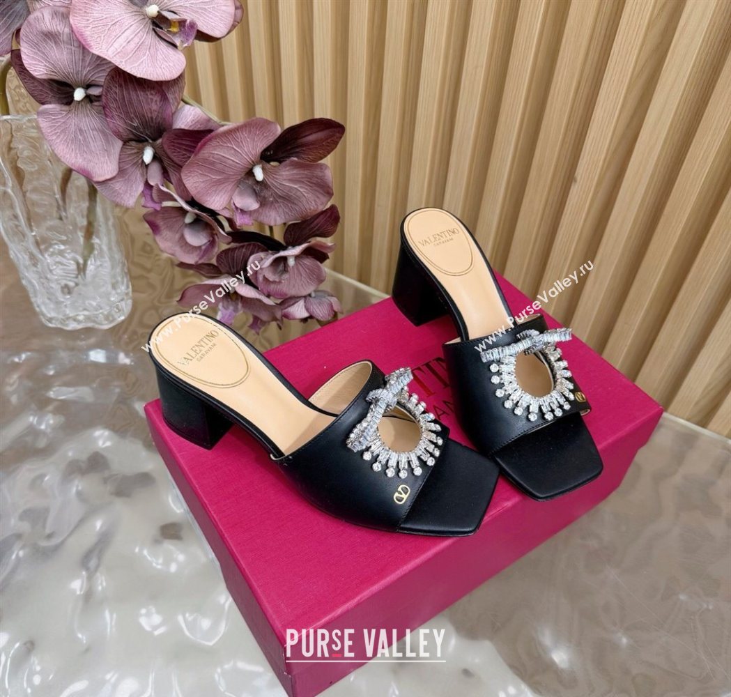 Valentino Strass Embellished Heel Slides Sandal 6cm in Calfskin Leather Black2 2025 VLTN121509 (MD-251215123)