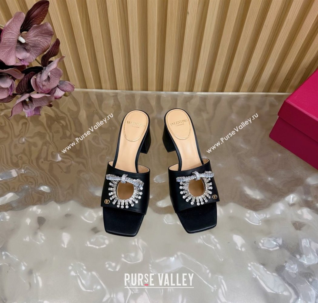 Valentino Strass Embellished Heel Slides Sandal 6cm in Calfskin Leather Black2 2025 VLTN121509 (MD-251215123)
