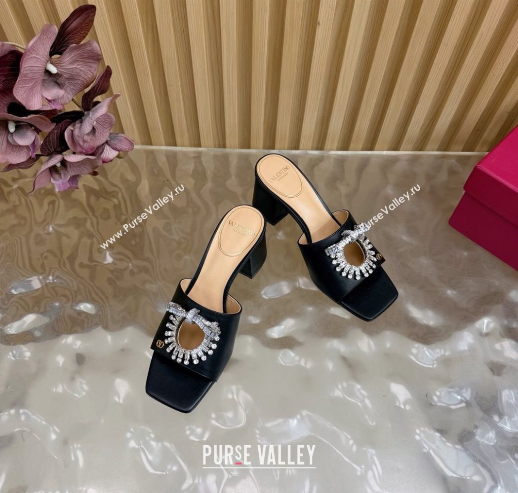 Valentino Strass Embellished Heel Slides Sandal 6cm in Calfskin Leather Black2 2025 VLTN121509 (MD-251215123)