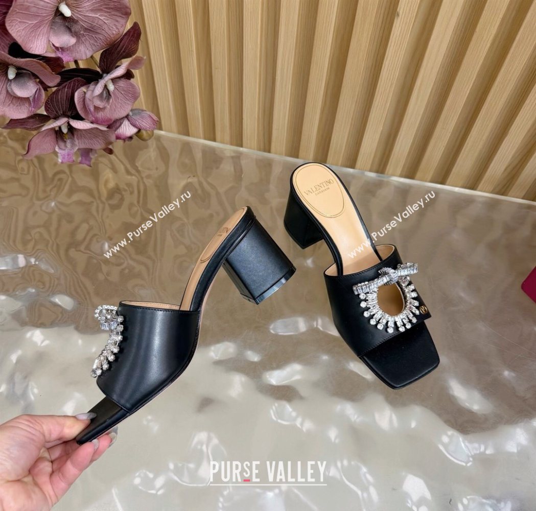 Valentino Strass Embellished Heel Slides Sandal 6cm in Calfskin Leather Black2 2025 VLTN121509 (MD-251215123)