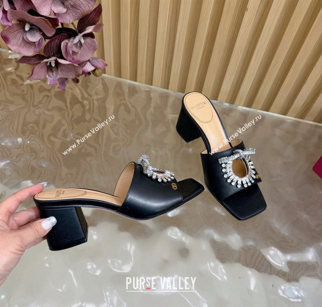 Valentino Strass Embellished Heel Slides Sandal 6cm in Calfskin Leather Black2 2025 VLTN121509 (MD-251215123)