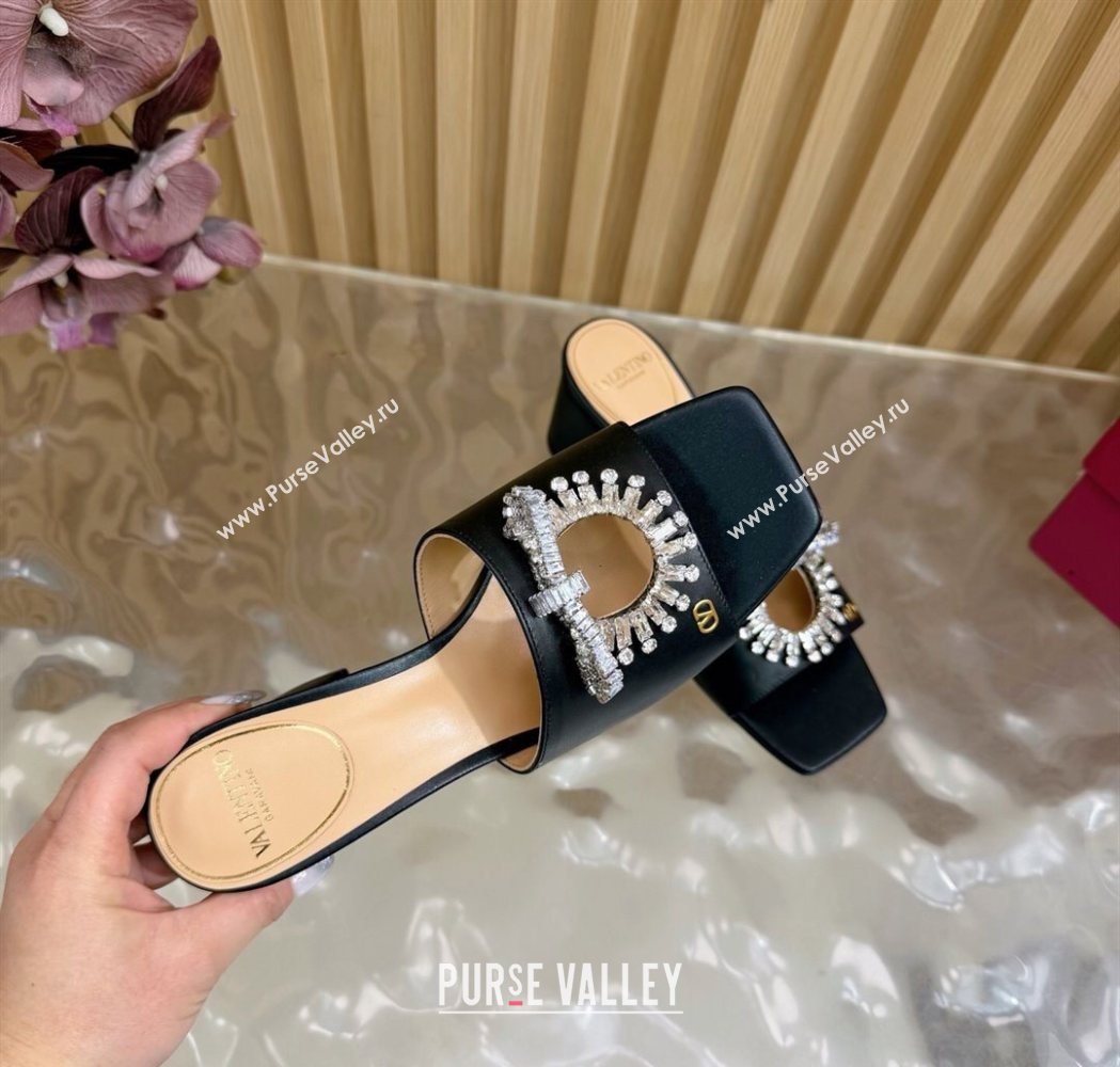 Valentino Strass Embellished Heel Slides Sandal 6cm in Calfskin Leather Black2 2025 VLTN121509 (MD-251215123)