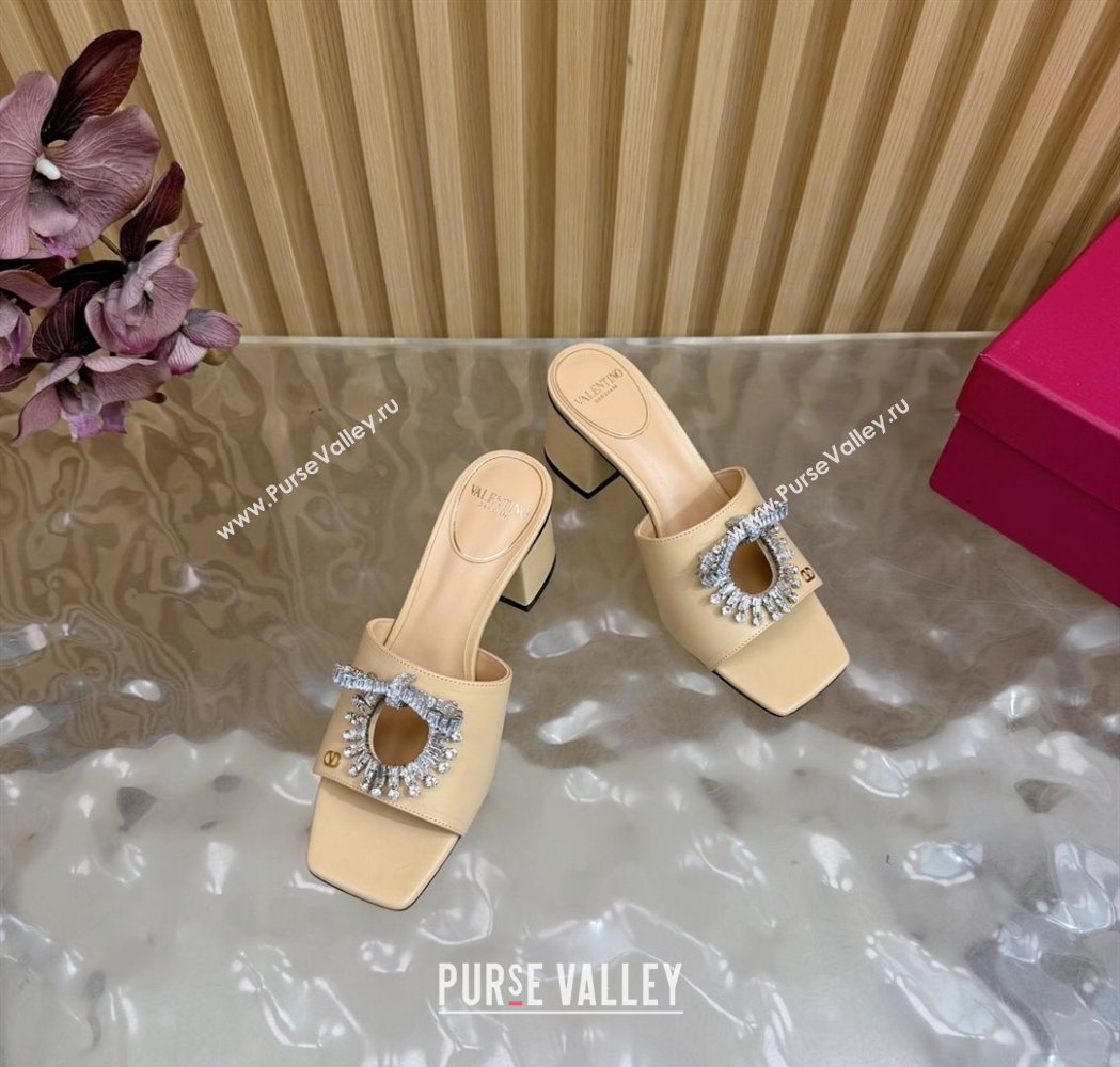 Valentino Strass Embellished Heel Slides Sandal 6cm in Calfskin Leather Nude 2025 VLTN121509 (MD-251215127)