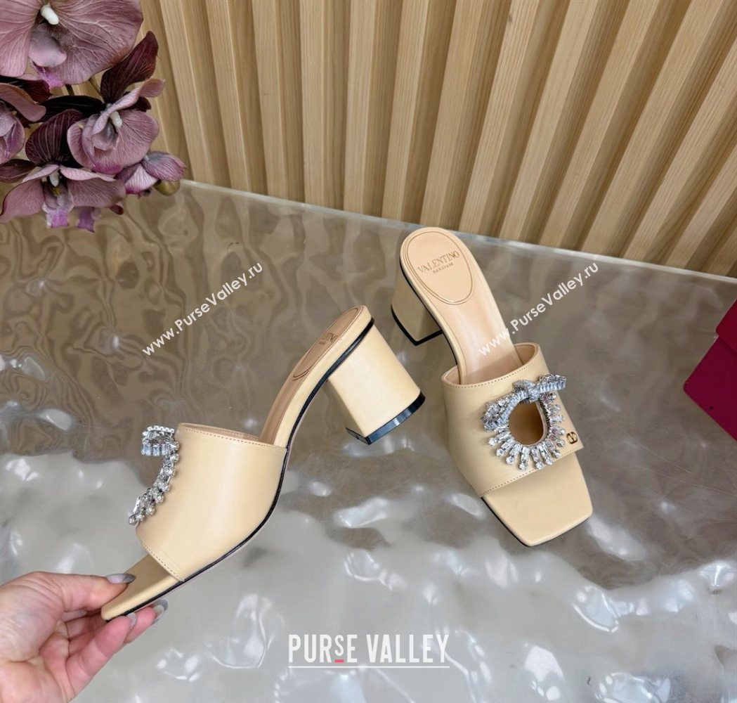Valentino Strass Embellished Heel Slides Sandal 6cm in Calfskin Leather Nude 2025 VLTN121509 (MD-251215127)