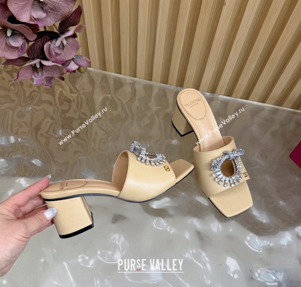 Valentino Strass Embellished Heel Slides Sandal 6cm in Calfskin Leather Nude 2025 VLTN121509 (MD-251215127)