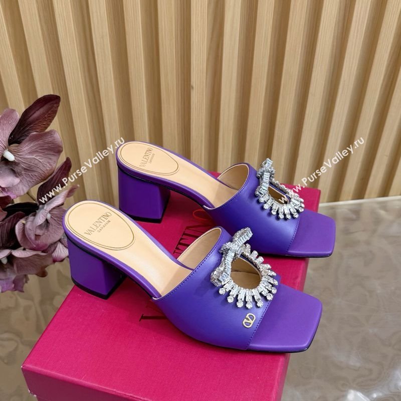 Valentino Strass Embellished Heel Slides Sandal 6cm in Calfskin Leather Purple 2025 VLTN121509 (MD-251215128)