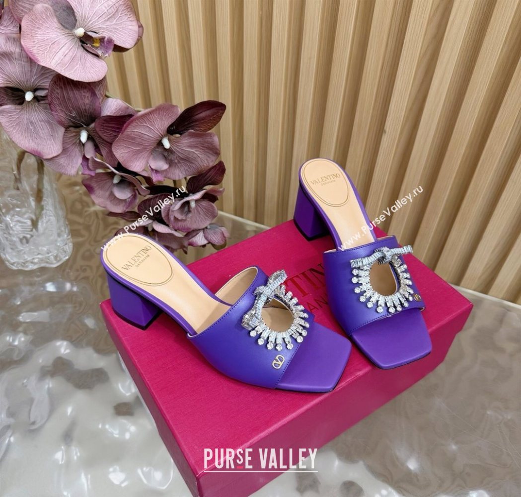 Valentino Strass Embellished Heel Slides Sandal 6cm in Calfskin Leather Purple 2025 VLTN121509 (MD-251215128)