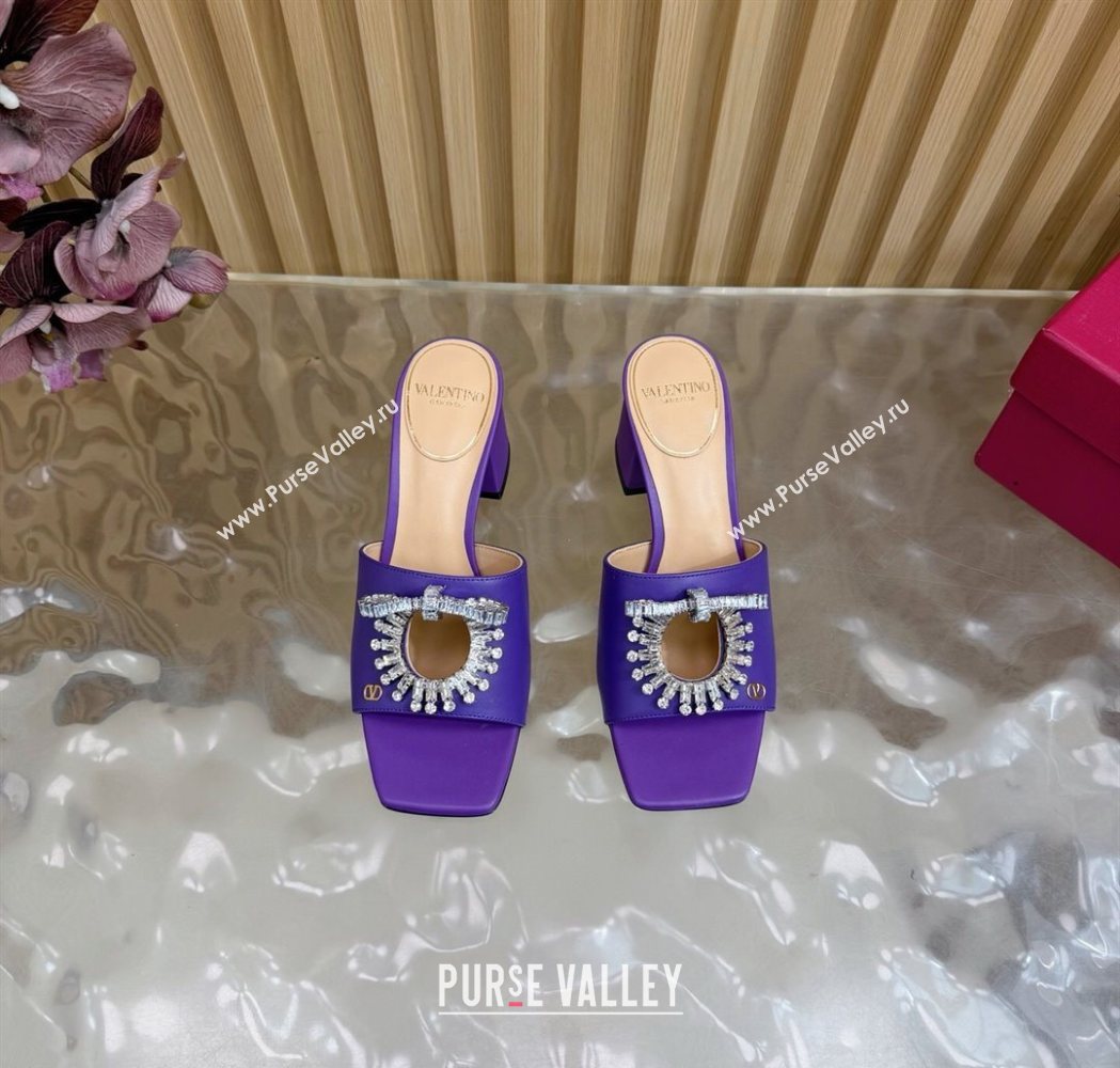 Valentino Strass Embellished Heel Slides Sandal 6cm in Calfskin Leather Purple 2025 VLTN121509 (MD-251215128)