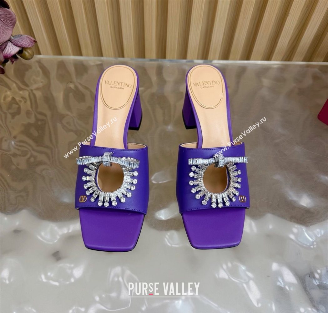 Valentino Strass Embellished Heel Slides Sandal 6cm in Calfskin Leather Purple 2025 VLTN121509 (MD-251215128)