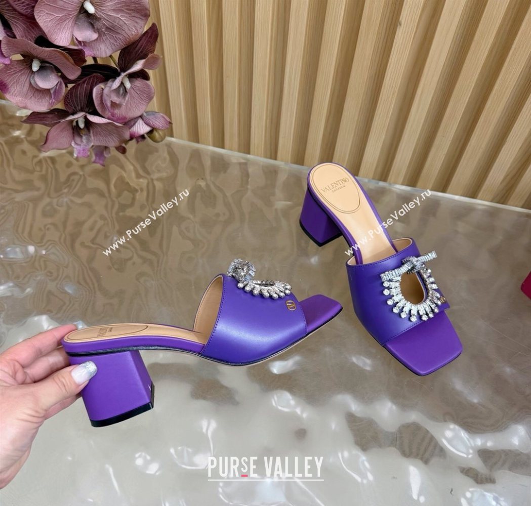 Valentino Strass Embellished Heel Slides Sandal 6cm in Calfskin Leather Purple 2025 VLTN121509 (MD-251215128)
