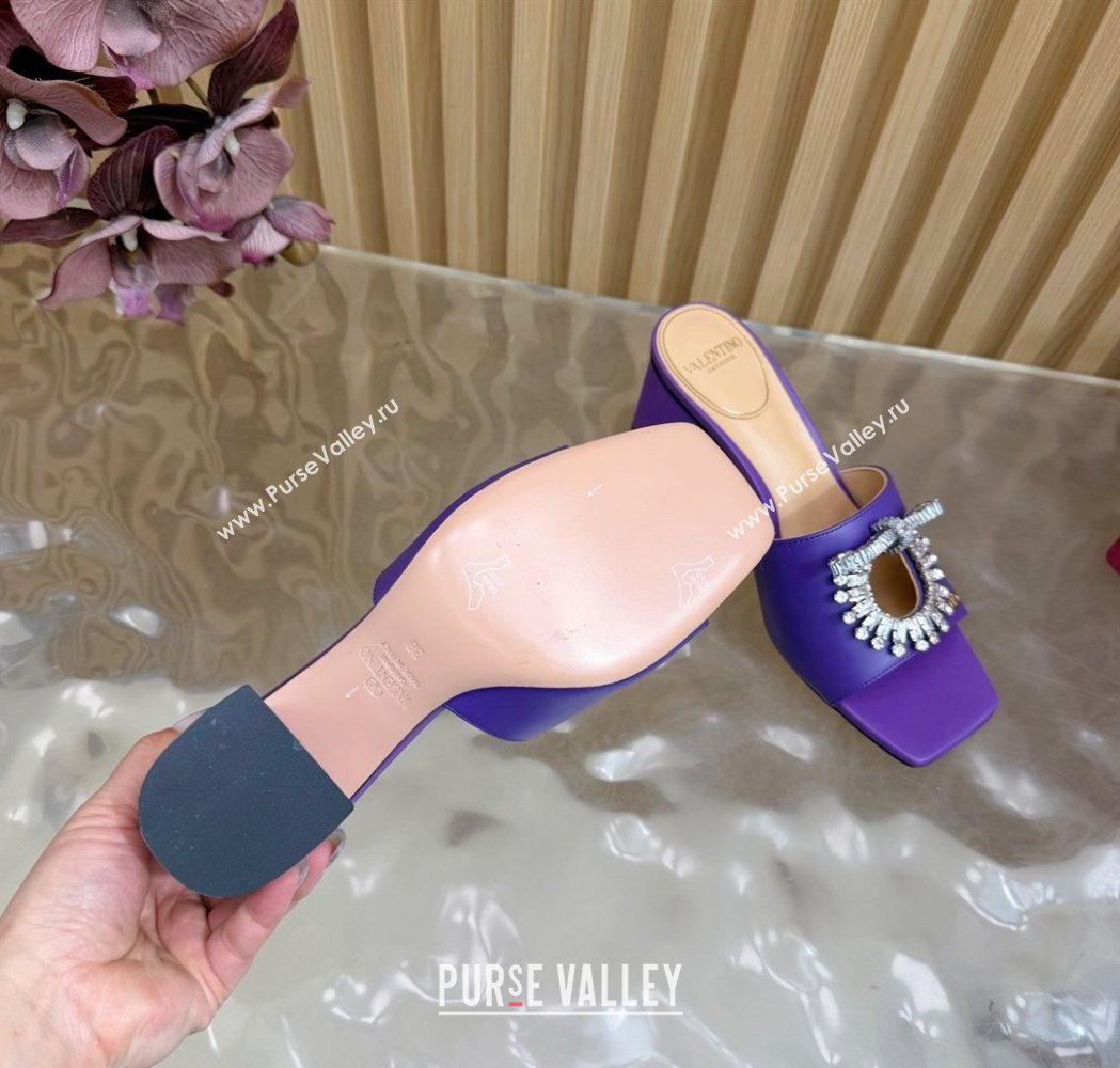 Valentino Strass Embellished Heel Slides Sandal 6cm in Calfskin Leather Purple 2025 VLTN121509 (MD-251215128)