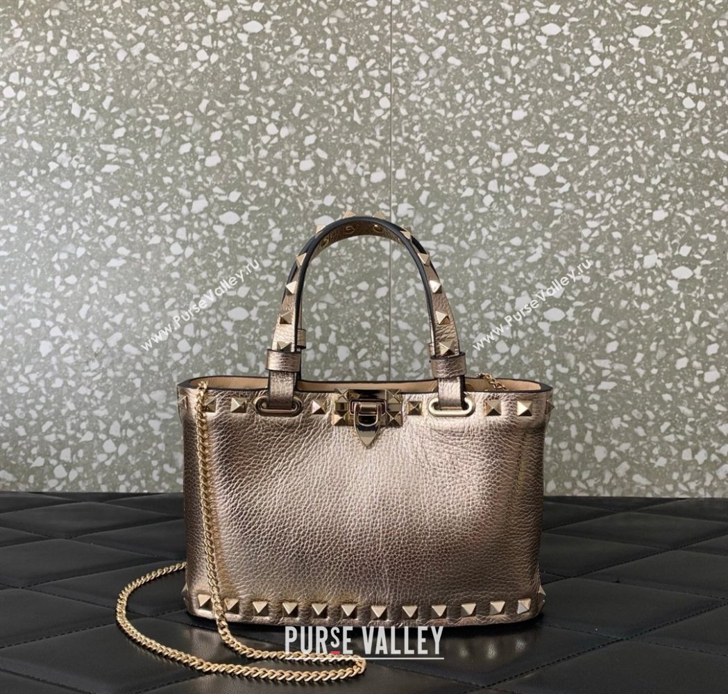 Valentino Rockstud Mini Shopping Bag In Metallic Grainy Calfskin Leather Rose Gold 2025 0366S (LKF-260120022)