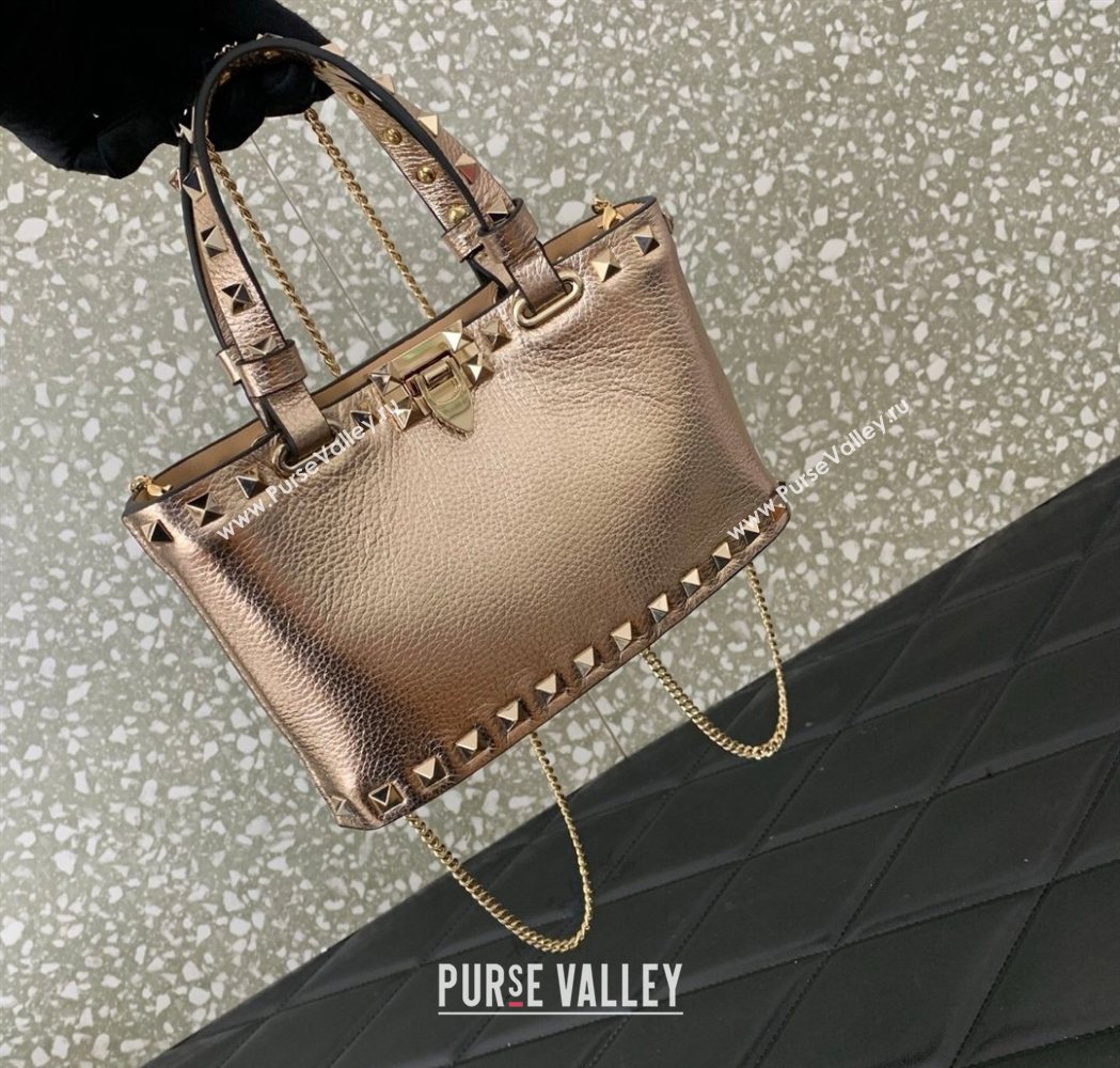 Valentino Rockstud Mini Shopping Bag In Metallic Grainy Calfskin Leather Rose Gold 2025 0366S (LKF-260120022)
