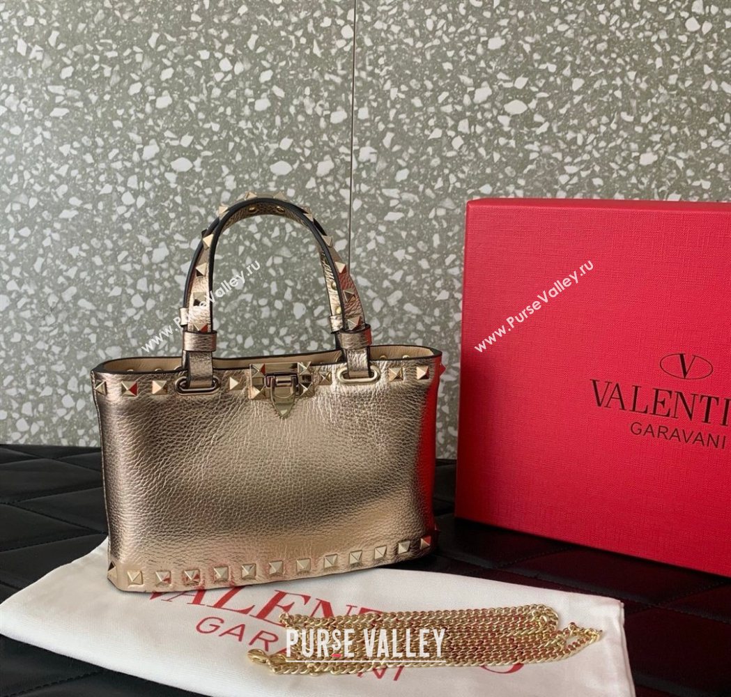 Valentino Rockstud Mini Shopping Bag In Metallic Grainy Calfskin Leather Rose Gold 2025 0366S (LKF-260120022)