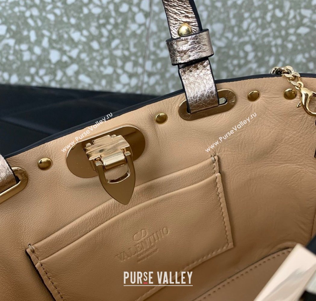 Valentino Rockstud Mini Shopping Bag In Metallic Grainy Calfskin Leather Rose Gold 2025 0366S (LKF-260120022)