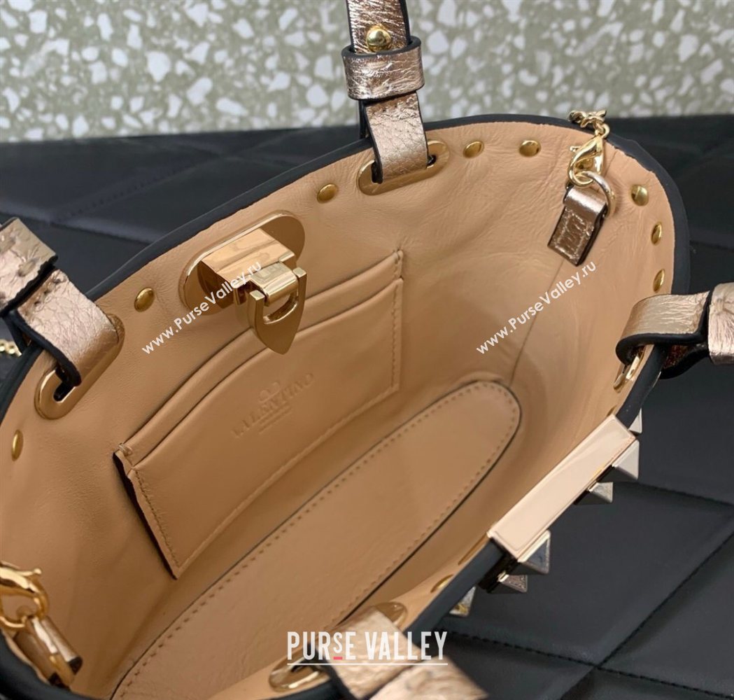 Valentino Rockstud Mini Shopping Bag In Metallic Grainy Calfskin Leather Rose Gold 2025 0366S (LKF-260120022)
