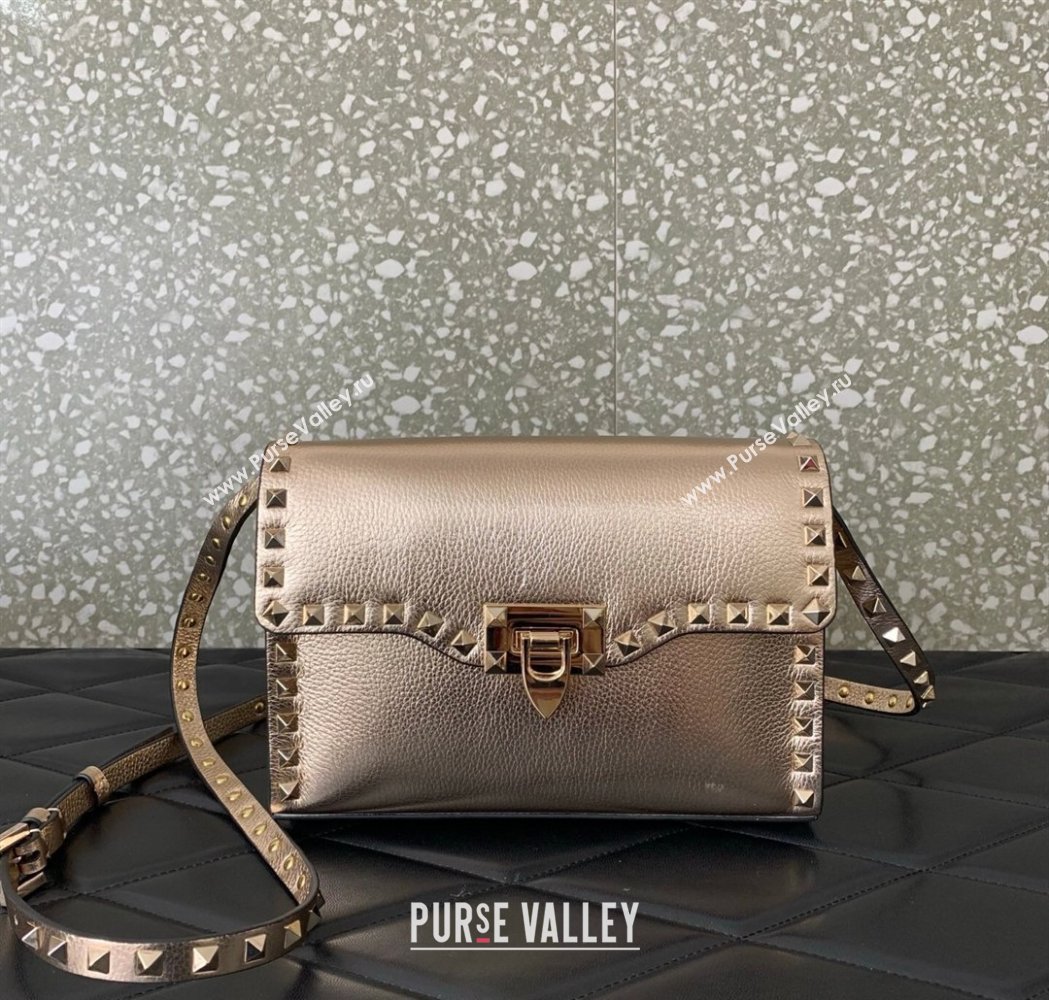 Valentino Small Rockstud Metallic Grainy Calfskin Crossbody bag Rose Gold 2025 VLTN0322 (LKF-260120024)