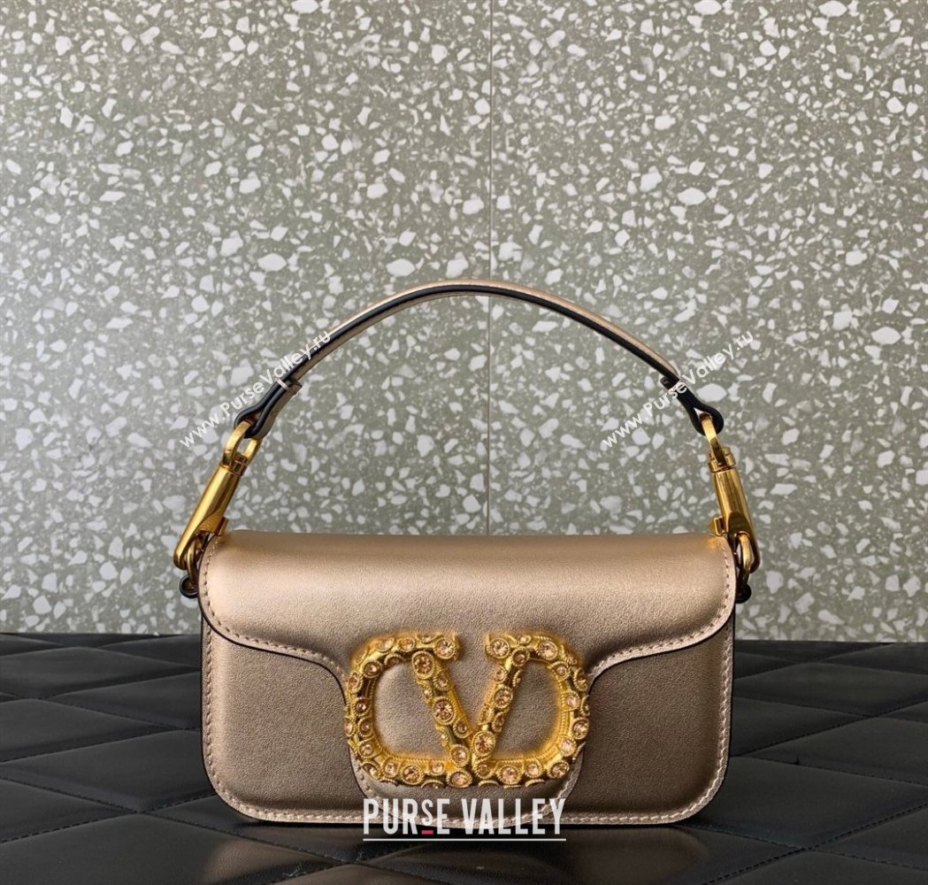 Valentino Loco Small Shoulder Bag in Laminated Calfskin with Jewel Logo Rose Gold 2025 5061 (LKF-260120025)