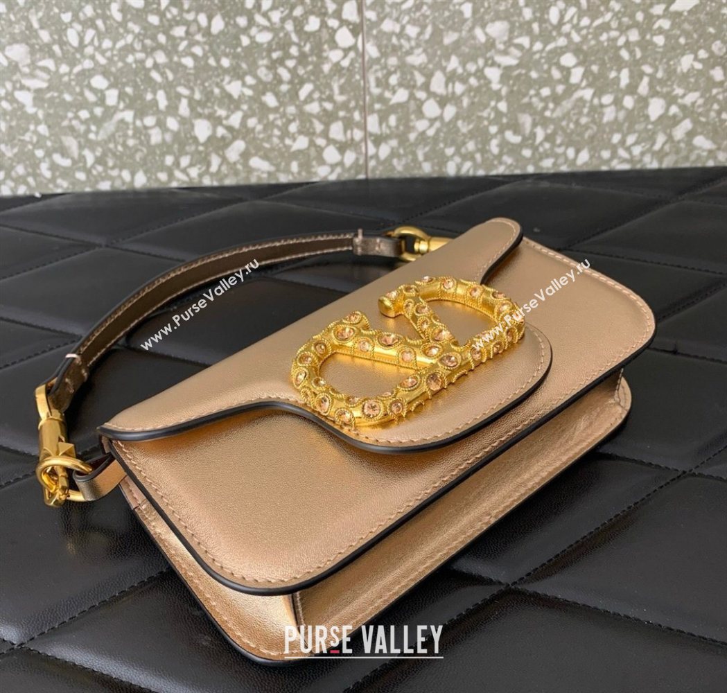 Valentino Loco Small Shoulder Bag in Laminated Calfskin with Jewel Logo Rose Gold 2025 5061 (LKF-260120025)