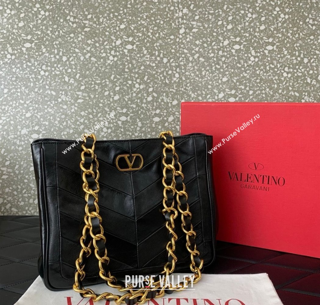 Valentino Laseine Small Shopping Bag in V Shiny and Matte Nappa Leather Black 2026 0082 (LKF-260120029)