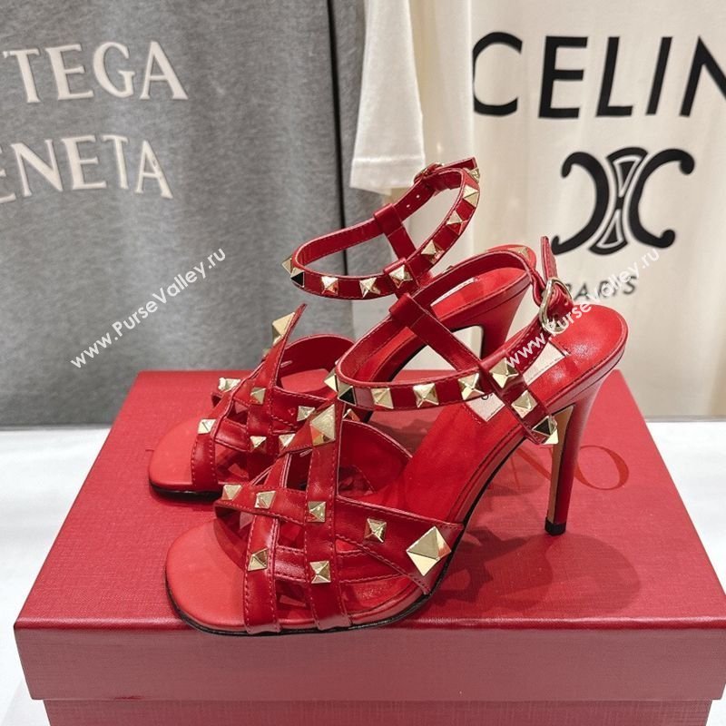Valentino Studdy Heel Sandals 9.5cm in Calfskin Leather Red 2026 0224 (MD-260224038)