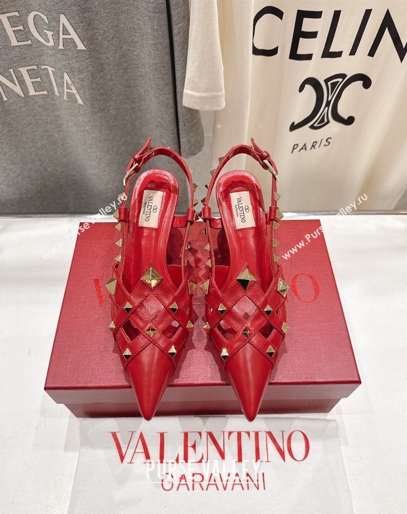 Valentino Studdy Slingback Pumps 6.5cm in Calfskin Leather Red 2026 0224 (MD-260224047)