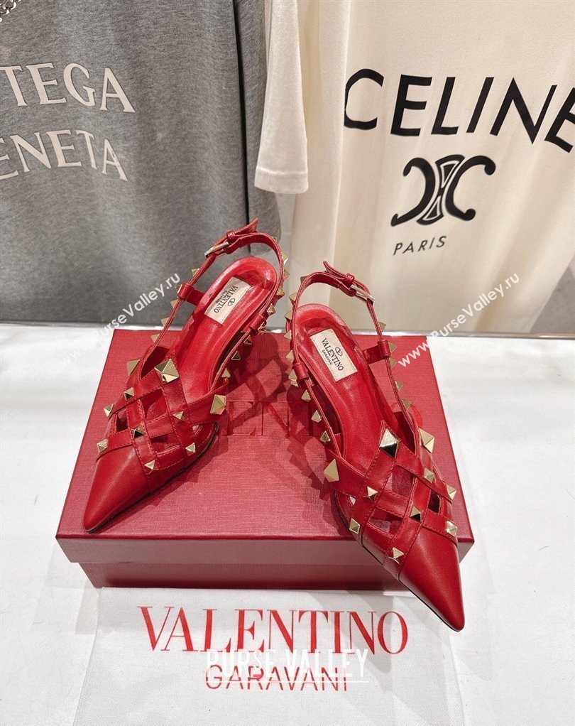 Valentino Studdy Slingback Pumps 6.5cm in Calfskin Leather Red 2026 0224 (MD-260224047)