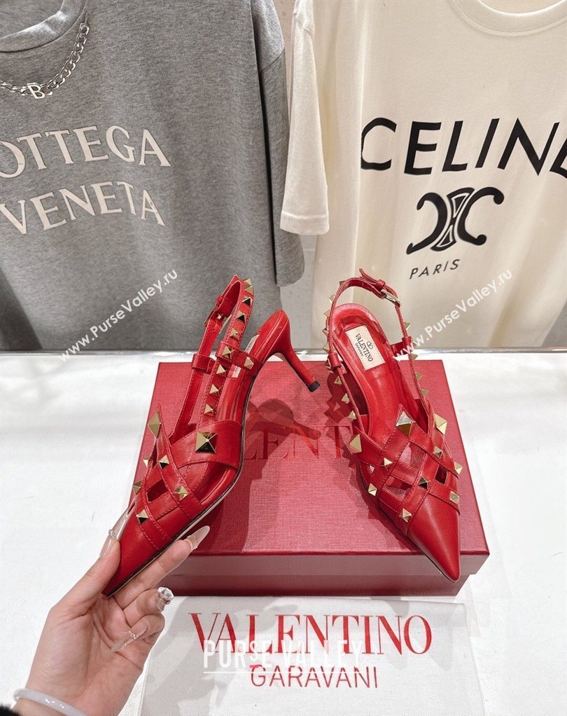 Valentino Studdy Slingback Pumps 6.5cm in Calfskin Leather Red 2026 0224 (MD-260224047)
