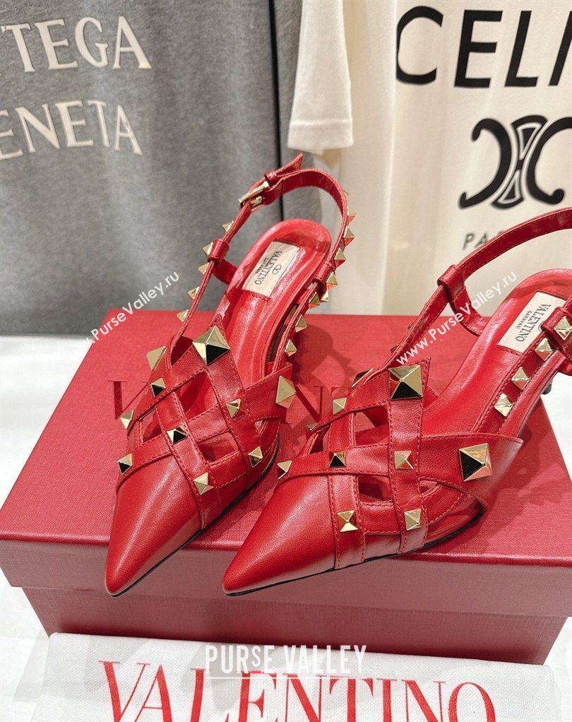 Valentino Studdy Slingback Pumps 6.5cm in Calfskin Leather Red 2026 0224 (MD-260224047)