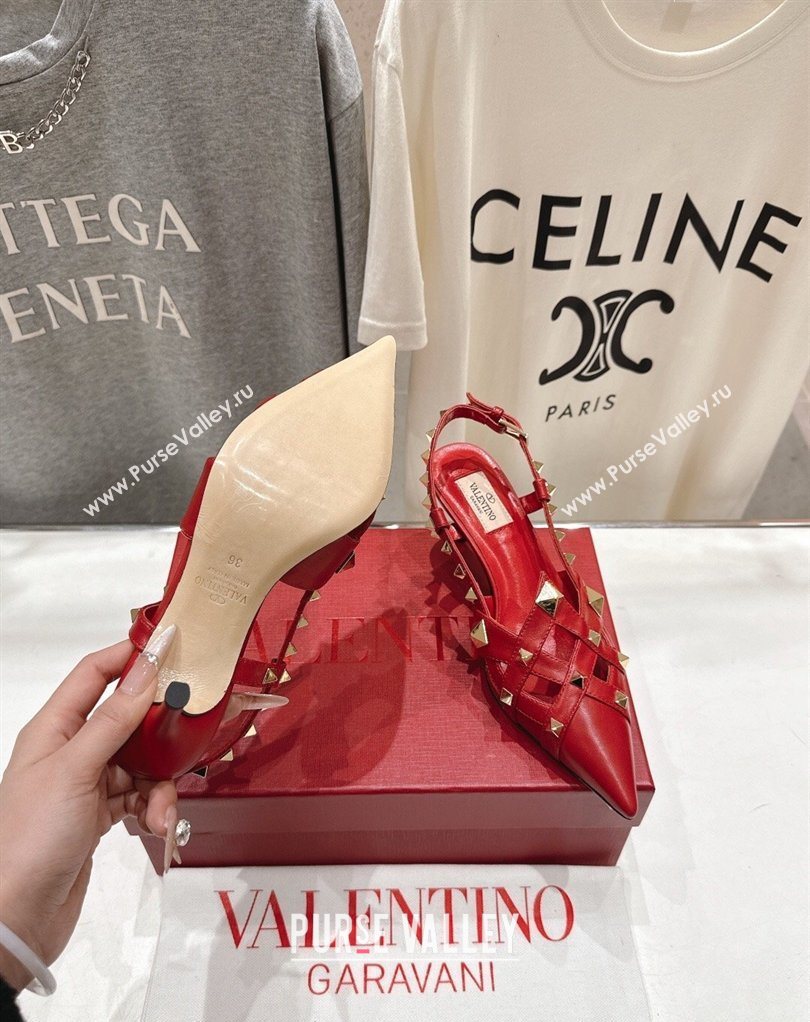 Valentino Studdy Slingback Pumps 6.5cm in Calfskin Leather Red 2026 0224 (MD-260224047)