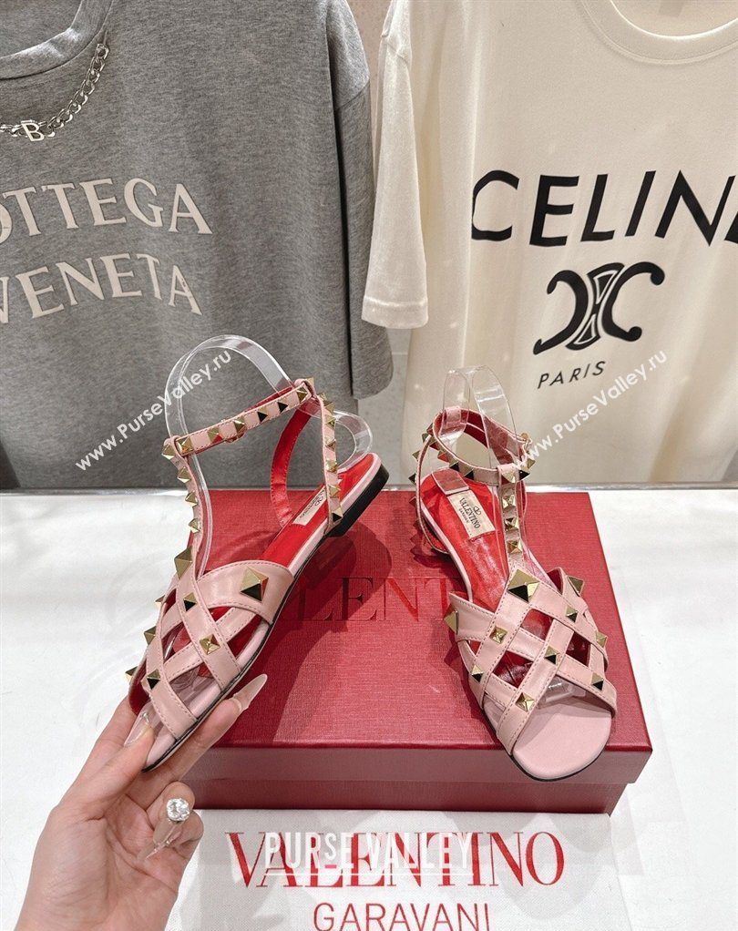 Valentino Studdy Flat Sandals in Calfskin Leather Pink 2026 0224 (MD-260224041)