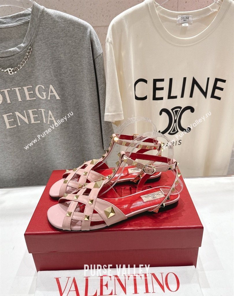 Valentino Studdy Flat Sandals in Calfskin Leather Pink 2026 0224 (MD-260224041)