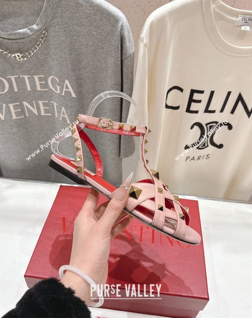 Valentino Studdy Flat Sandals in Calfskin Leather Pink 2026 0224 (MD-260224041)