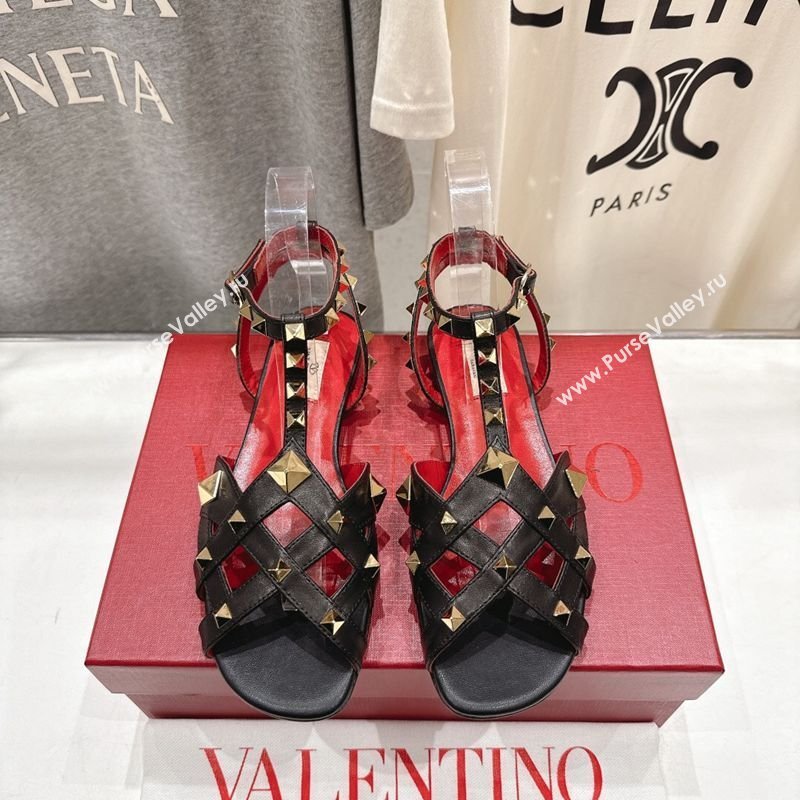Valentino Studdy Flat Sandals in Calfskin Leather Black 2026 0224 (MD-260224043)