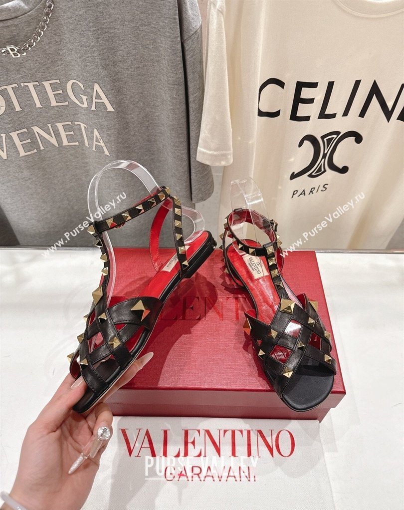 Valentino Studdy Flat Sandals in Calfskin Leather Black 2026 0224 (MD-260224043)
