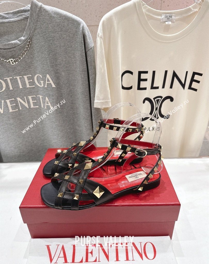 Valentino Studdy Flat Sandals in Calfskin Leather Black 2026 0224 (MD-260224043)