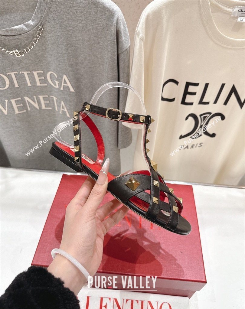 Valentino Studdy Flat Sandals in Calfskin Leather Black 2026 0224 (MD-260224043)