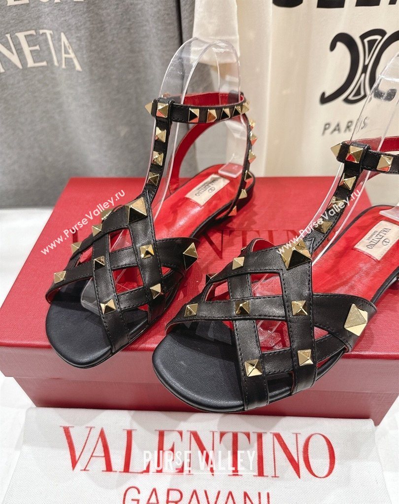 Valentino Studdy Flat Sandals in Calfskin Leather Black 2026 0224 (MD-260224043)